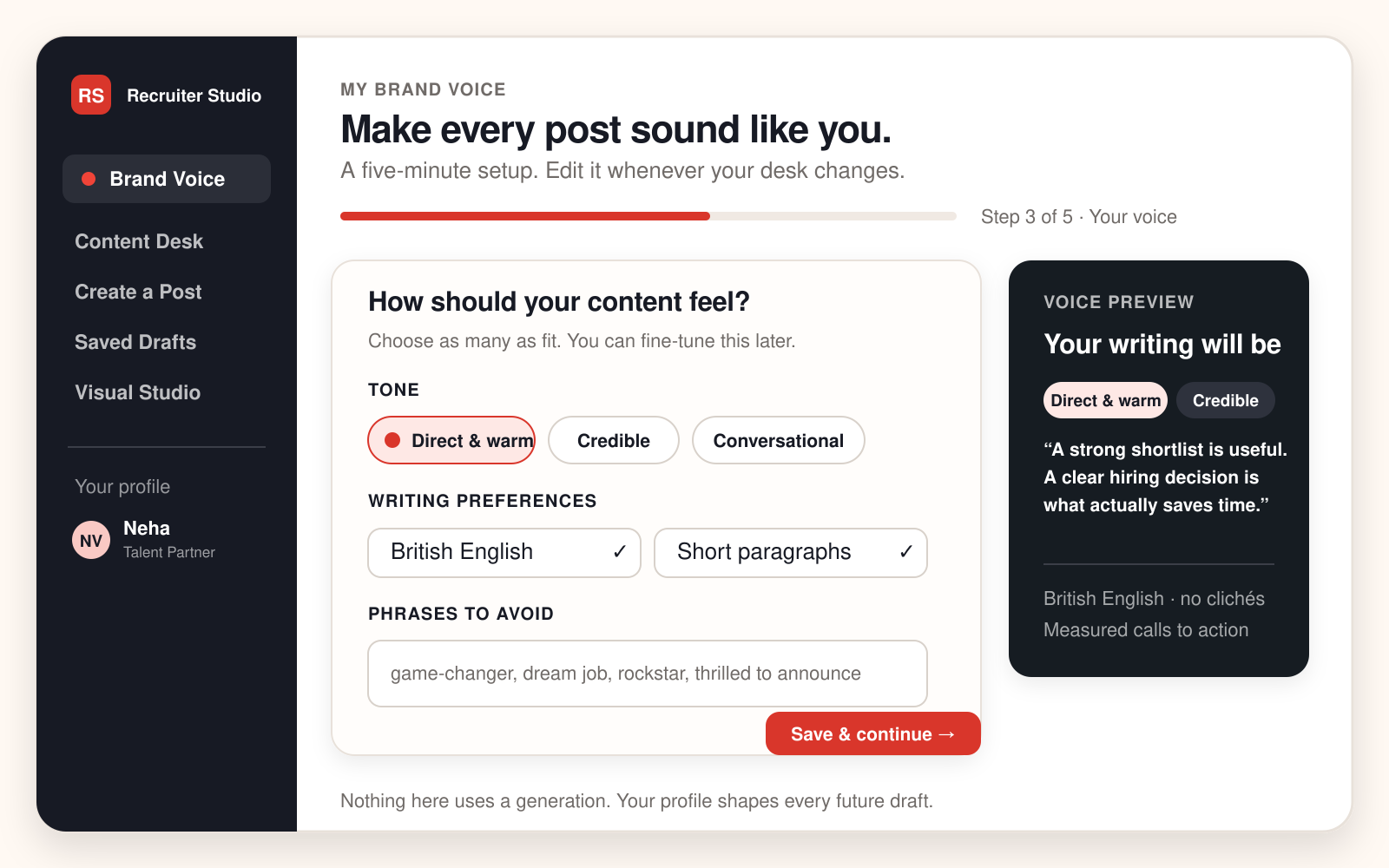 Recruiter Studio Brand Voice setup showing tone, language and writing preferences.