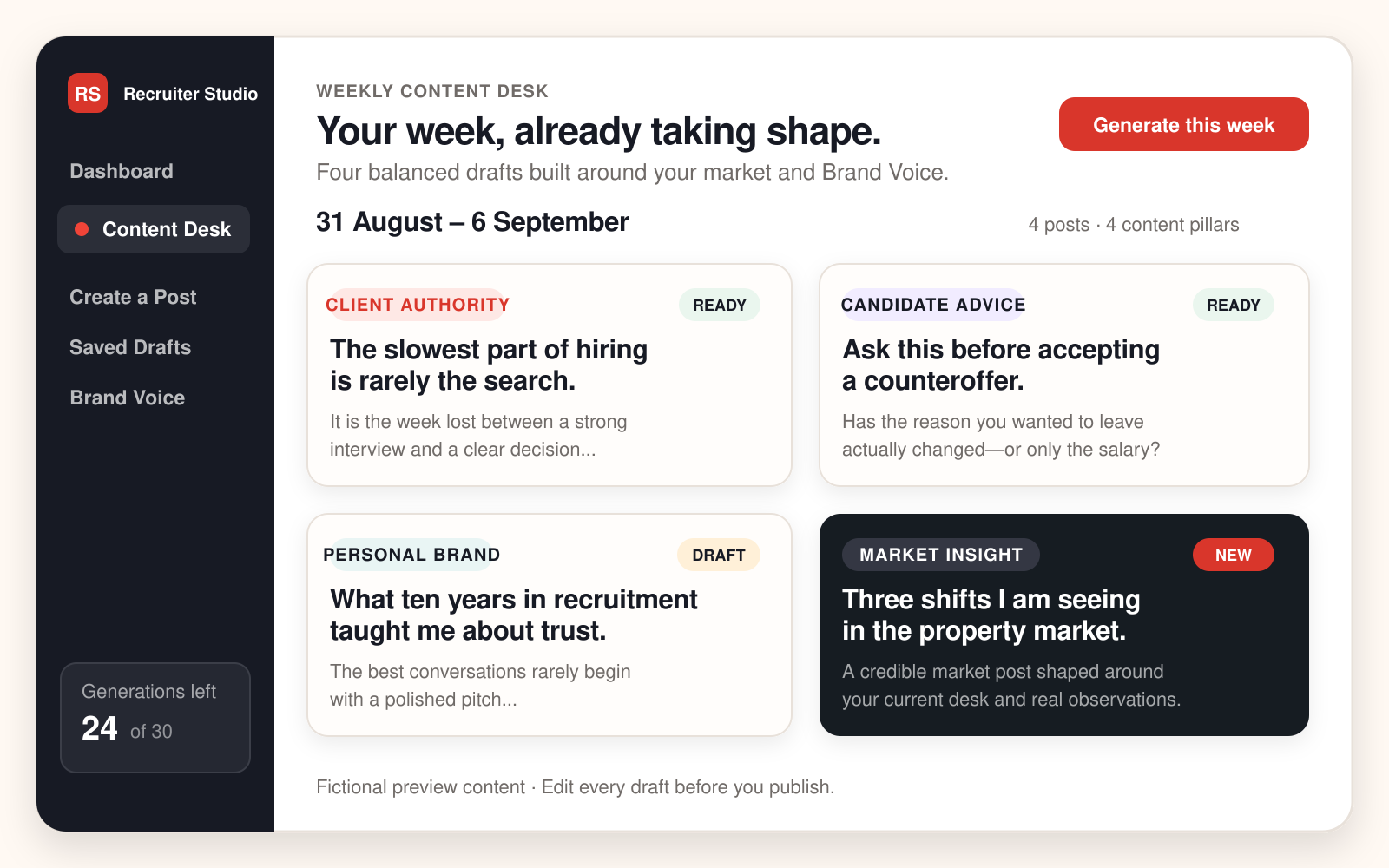 Recruiter Studio Weekly Content Desk showing four personalised recruitment posts.